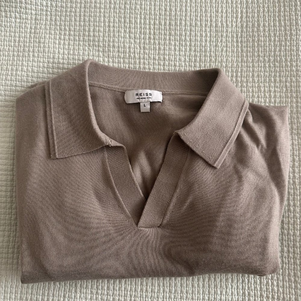 [NWOT] Reiss Duchie Merino Wool Open Collar Polo Shirt (Tan Beige)